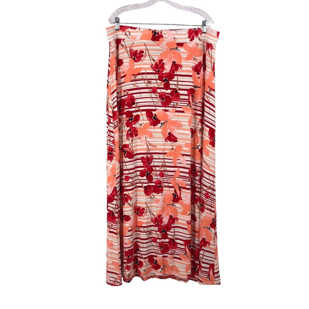 Lane Bryant Size 18 20 Maxi Skirt Floral Modest Orange Pink Elastic Waist Stripe